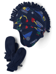 Conjunto de 2 piezas de gorro y manoplas de tejido polar para construcción para niños pequeños