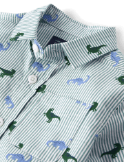 Baby And Toddler Boys Striped Dino Poplin Button Up Shirt