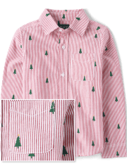 Boys Dad And Me Striped Christmas Tree Poplin Button Up Shirt