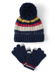 Boys Colorblock Pom Pom Beanie And Texting Gloves 2-Piece Set