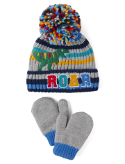 Toddler Boys Dino Pom Pom Beanie And Mittens 2-Piece Set