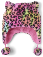 Gorro con pompón de leopardo arcoíris para niñas