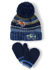 Toddler Boys Car Pom Pom Beanie And Mittens 2-Piece Set