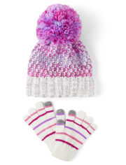 Girls Space Dye Pom Pom Beanie And Texting Gloves 2-Piece Set