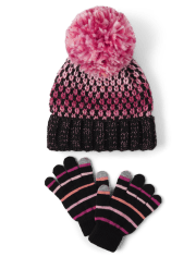 Girls Space Dye Pom Pom Beanie And Texting Gloves 2-Piece Set