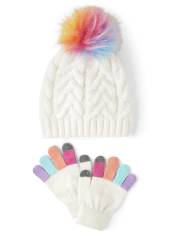 Girls Rainbow Pom Pom Beanie And Texting Gloves 2-Piece Set