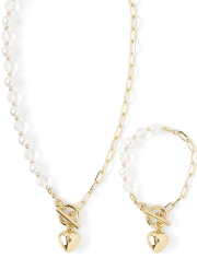 Girls Heart Faux Pearl Necklace And Bracelet 2-Piece Set