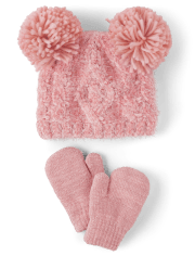Toddler Girls Cable Knit Pom Pom Beanie And Mittens 2-Piece Set