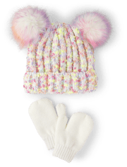Conjunto de 2 piezas de gorro y manoplas con pompón y tinte espacial de arcoíris para niñas pequeñas