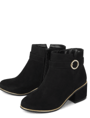 Girls Jeweled Buckle Faux Suede Heel Booties