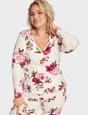 Womens Floral Thermal Henley Pajama Top