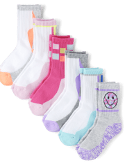 Girls Happy Face Cushioned Crew Socks 6-Pack