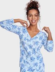 Womens Floral Thermal Henley Pajama Top