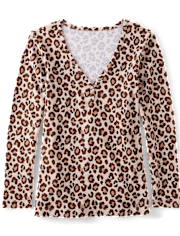 Womens Leopard Thermal Henley Pajama Top