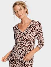 Womens Leopard Thermal Henley Pajama Top