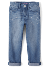Girls Rhinestone Roll Cuff Straight Jeans