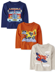 Paquete de 3 camisetas con gráfico de transporte para bebés y niños pequeños