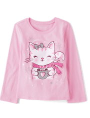 Camiseta con estampado de gato de invierno para bebés y niñas pequeñas