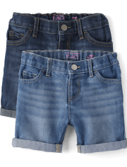 Paquete de 2 pantalones cortos midi de mezclilla con puños vueltos para niñas pequeñas