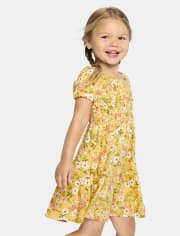 Girls Mommy And Me Short Puff Sleeve Floral Print Challis Woven Ruffle  Dress