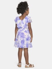 Girls Mommy And Me Short Puff Sleeve Floral Print Challis Woven Ruffle  Dress