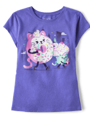 Camiseta con estampado de donut y gato para niñas