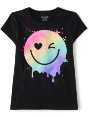 Camiseta con estampado de cara feliz y arcoíris para niñas