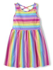 Girls Rainbow Striped Cross-Back Dress