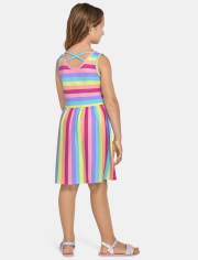 Girls Rainbow Striped Cross-Back Dress
