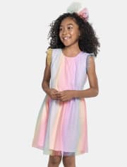 Girls Glitter Rainbow Ombre Mesh Fit And Flare Dress