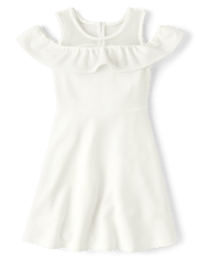 Girls Ruffle Jacquard Cold Shoulder Dress