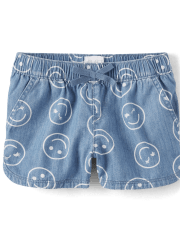 Girls Happy Face Chambray Pull On Shorts