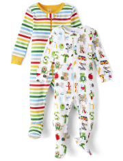 Baby Alphabet Striped Snug Fit Cotton Footed One Piece Pajamas 2-Pack