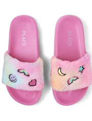 Girls Embroidered Icon Faux Fur Slides