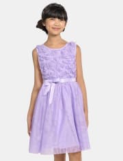 Girls 3D Rosette Mesh Fit And Flare Dress
