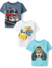 Paquete de 3 camisetas con gráfico de vehículo para bebés y niños pequeños