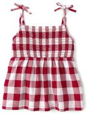 Girls Smocked Gingham Tie Shoulder Top