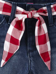 Girls Gingham Belted Denim Shortie Shorts