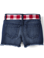 Girls Gingham Belted Denim Shortie Shorts