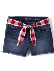 Girls Gingham Belted Denim Shortie Shorts