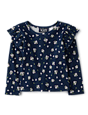 Toddler Girls Floral Ribbed Flutter Top