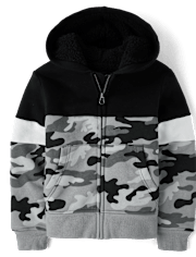 Boys Camo Colorblock  Fleece Sherpa Lined Zip Up Hoodie