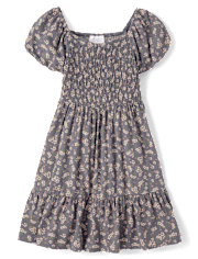 Girls Short Sleeve Floral Print Smocked Ruffle Dress - GRAY | The ...