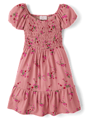 Girls Floral Smocked Ruffle Dress