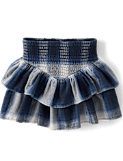 Girls Plaid Twill Smocked Tiered Skirt