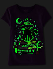 Girls Glow Cat Witch Graphic Tee