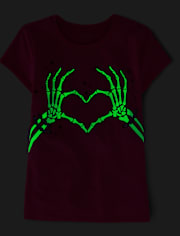 Girls Glow Skeleton Hands Heart Graphic Tee