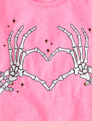 Girls Glow Skeleton Hands Heart Graphic Tee