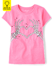 Girls Glow Skeleton Hands Heart Graphic Tee