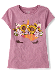 Camiseta con estampado de flor de unicornio para niñas